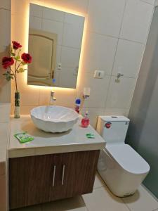 Un baño con lavabo, inodoro y espejo. en Departamento Shalom, en Tarija