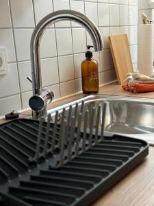 a kitchen sink with a dish drying rack next to it at Ferienwohnung Karschter Reisehäusle in Karlstadt