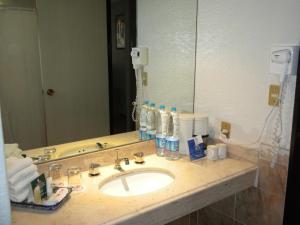 
a bathroom with a sink, mirror, and soap dispenser at Hotel PF in Mexico City
