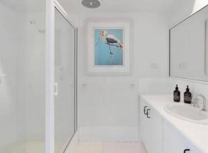 a bathroom with a bird painting on the wall at Port Sails Escape in Mandurah