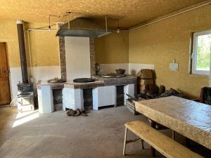 a kitchen with a stove and a table in it at Adventure Guest House in Pokrovka
