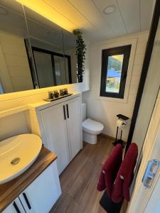 ein kleines Badezimmer mit Waschbecken und Toilette in der Unterkunft La Pura Vida - Glamping Tiny Houses in Brandenburg an der Havel