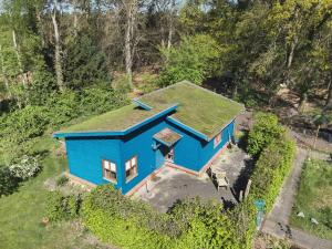 an overhead view of a blue house with a grass roof at Das Blaue Haus in Groß Ippener