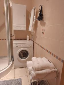 a laundry room with a washing machine and a washer at Poilsis Juodkrantėje in Juodkrantė