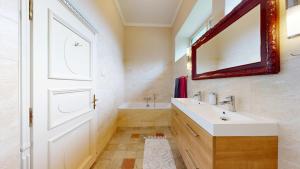 a bathroom with a white sink and a mirror at Fáy Mansion in Irota