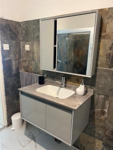 Apartment in villa with sea view في Calodyne: حمام مزود بحوض ومِرآة