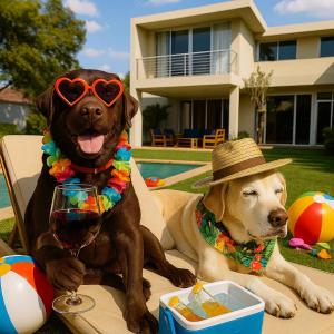 Dos perros con gafas de sol, sombrero y una copa de vino. en Houghton Place, en Johannesburgo