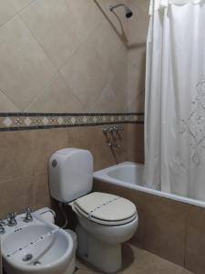 a bathroom with a toilet and a sink and a tub at Hotel Shauard in Salta +53 photos