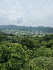 a view of a valley with trees and mountains at House tomari木-山梨 in Yamanashi