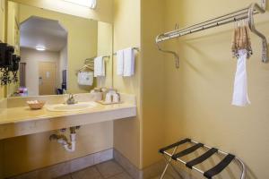 a bathroom with a sink and a mirror at OYO Hotel Valley View TX, I-35 in Valley View