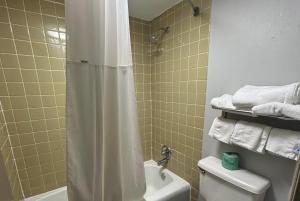 a bathroom with a shower and a toilet and a tub at Days Inn by Wyndham Byron in Byron +15 photos