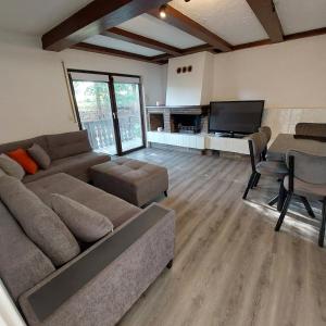 a living room with a couch and a flat screen tv at Cozy apartment near the Rhine in Albbruck