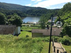 a view of a lake from a house with a street light at Ferienhaus Stausee Bitburg in Biersdorf am See