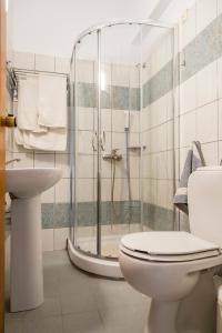 e bagno con doccia, servizi igienici e lavandino. di Agrellis Apartments a Kardámaina