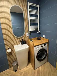 プウォツクにあるTravel Płock Apartamentの洗面台と洗濯機を備えたバスルーム