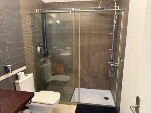 a bathroom with a shower with a toilet and a sink at Finca Seño Donato Lomo La Santa in Tinajo +31 photos