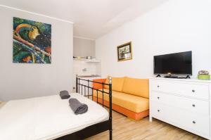 una pequeña sala de estar con sofá y TV en Apartments Porto Della Vita, en Okuklje