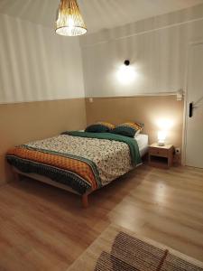 a bedroom with a bed with a green comforter at Appartement avec terrasse au pied des cols et des stations de ski in Villargondran