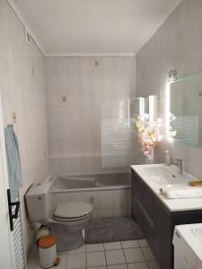 a bathroom with a tub and a toilet and a sink at Appartement avec terrasse au pied des cols et des stations de ski in Villargondran
