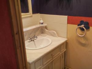 a bathroom with a white sink and a mirror at Cozy chalet in Ponchel with pond in Le Ponchel +93 photos