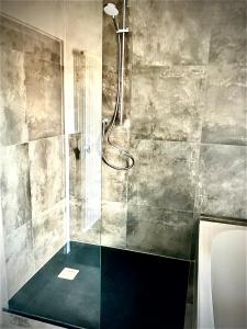 a shower with a glass door in a bathroom at Adlershof in Hemmersheim