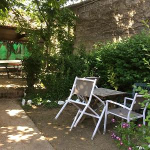 two chairs and a table in a garden at Charmant studio à Néris-les-Bains 20 m² avec jardin privé in Néris-les-Bains