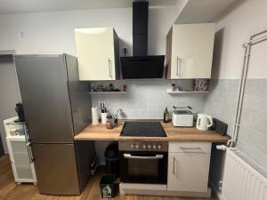 eine kleine Küche mit Herd und Kühlschrank in der Unterkunft Welliebeach Große Ferienwohnung in Hameln