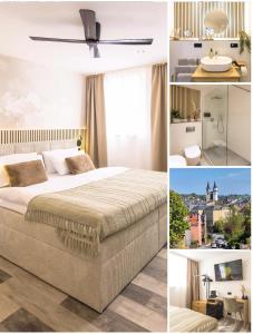 a collage of photos with a bed in a bedroom at EssenzApartment Hof, 24h Checkin, Parkplatz, WLan300Mbit in Hof