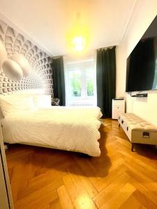 a bedroom with a large bed and a television at City AppartementStJakob10minSBB5minMesse10min in Basel