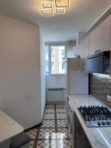 una cocina con estufa horno superior al lado de una ventana en Norashen-Home, en Ereván