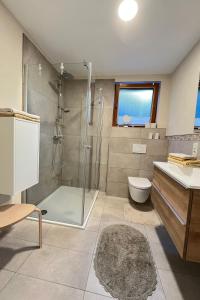 a bathroom with a shower and a toilet and a sink at Ferienwohnung Zeitwinkel in Reil +15 photos