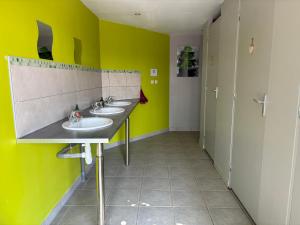 een badkamer met 2 wastafels en groene muren bij Terres du Calvados  +11 foto's