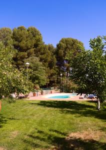 a swimming pool in a park with trees and grass at CASA CUEVA PIENA, Alcudia de Guadix in Alcudia de Guadix