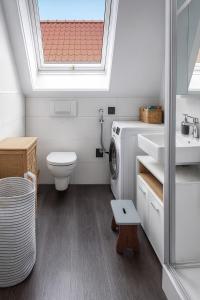 Ferienwohnung Maisonette am See في Markelfingen: حمام مع حوض مرحاض وغسالة ملابس