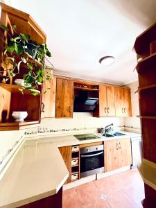 a kitchen with wooden cabinets and a stove top oven at Costa Suri Casa in Nerja +11 photos