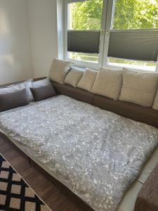 a large couch in a living room with two windows at Ferienwohnung in Wimbach am Nürburgring in Wimbach