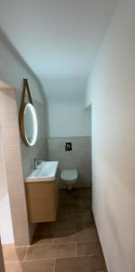 a bathroom with a white sink and a mirror at Panoramika - Maison pour 14 vue montagne in Xonrupt-Longemer +14 photos