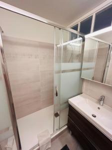 a bathroom with a shower and a sink at Le Millésime Florence Stationnement in Reims