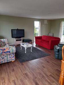 Una sala de estar con un sofá rojo y un televisor. en Waimate Cottage - Waimate North, en Waimate North