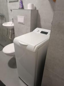 un bagno bianco con un water e un lavandino di Mercy Deluxapartment a Visoko Altre 41 foto