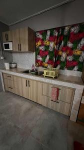 a kitchen with a sink and a colorful wall at Studio House Close to Shore 