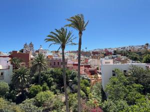 Una vista de una ciudad con palmeras y edificios. en Fuerteventura, en Ingenio
