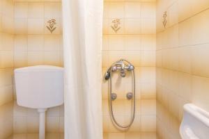 a bathroom with a shower curtain and a toilet at Hotel Galini in Kalymnos +38 photos