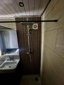 a bathroom with a shower and a sink at Luxeliving The Larch Residence in High Hazels +13 photos
