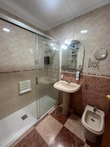 a bathroom with a shower and a sink and a toilet at Apartalux Palacio del Mar in Algeciras +38 photos