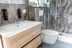 un bagno con lavandino, WC e doccia di Mobile Homes Holland - Jersleber See Camping & Erlebnisresort a Jersleben