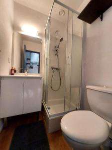 a white bathroom with a shower and a toilet at Studio Brasilia in Mont-de-Marsan