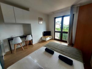 a bedroom with a large bed and a large window at Studio Brasilia in Mont-de-Marsan
