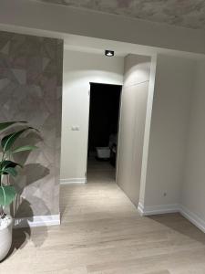 an empty room with a hallway with a potted plant at Luxury Blue Apartment in Satu Mare
