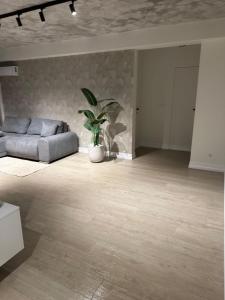 a living room with a couch and a potted plant at Luxury Blue Apartment in Satu Mare